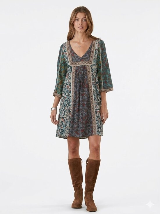 Sundance Dresses & Skirts - Sundance Boho Mixed Print Patchwork V-Neck Shift Dress Size Small